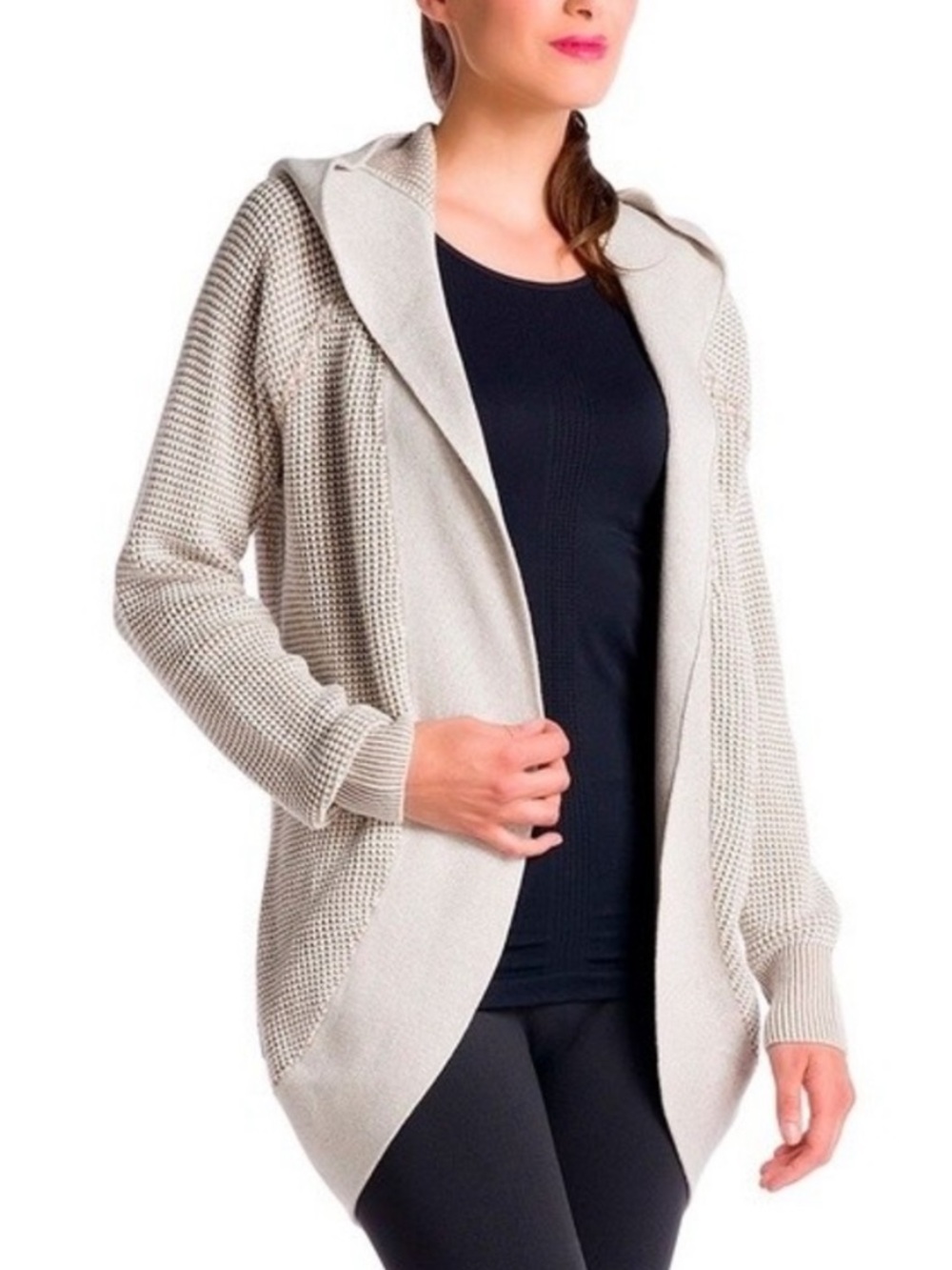 Löle Caress Sweater Open Front Hooded Cardigan Shrug Tan - Cream